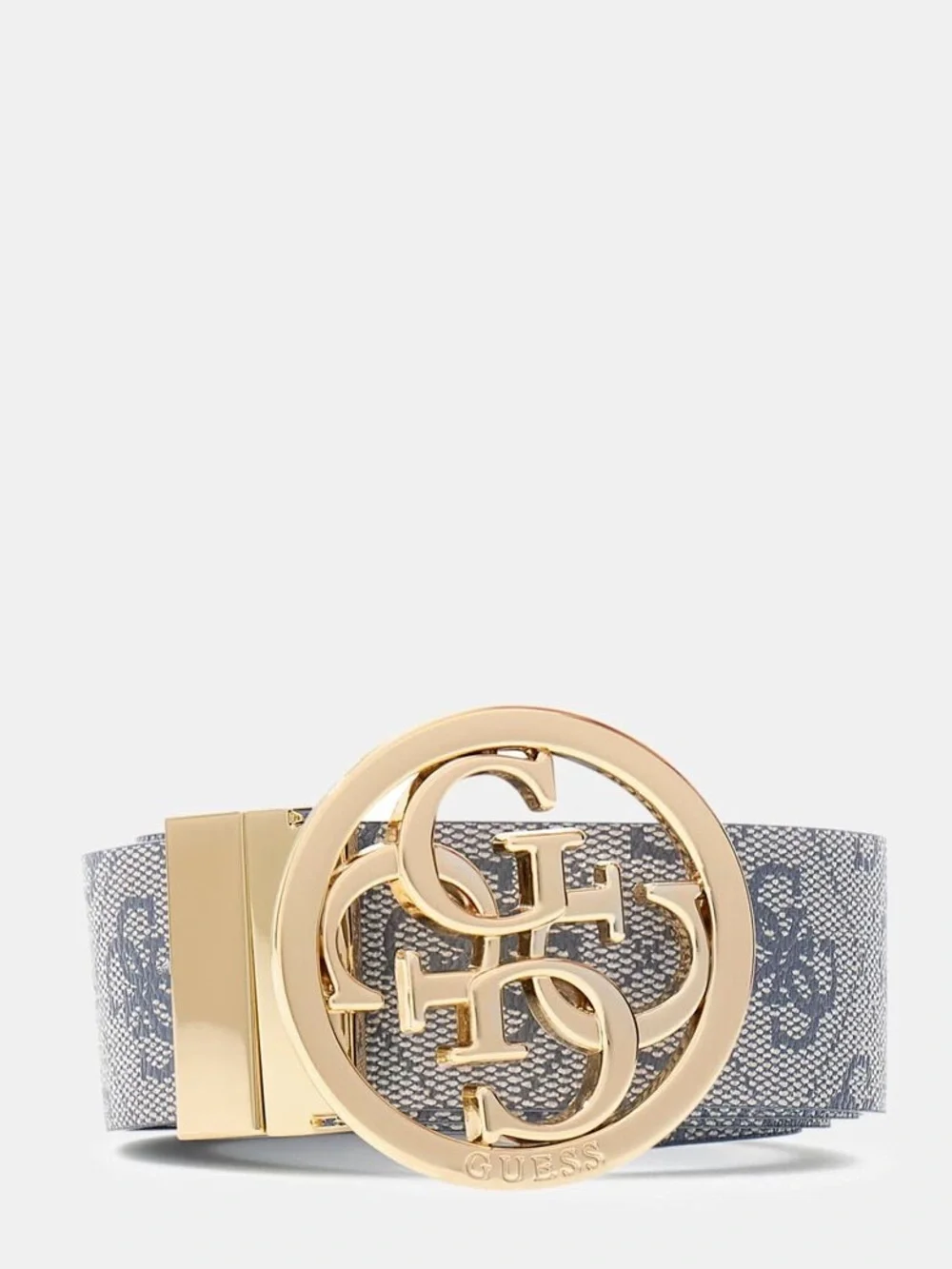 GUESS Gray Logo Belt with Gold Interlocking G Buckle